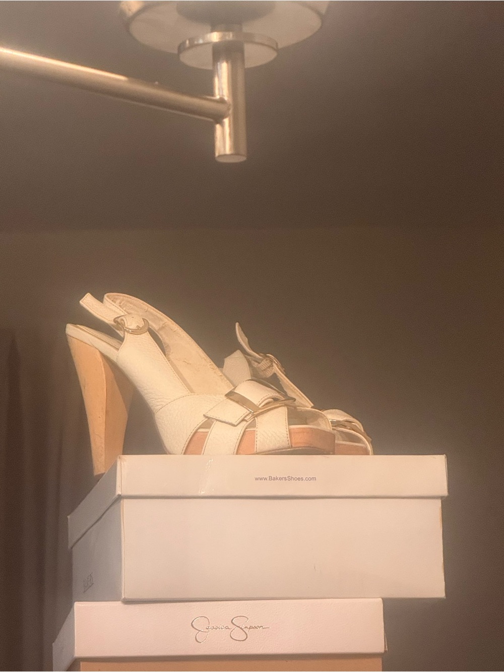 Bakers White Leather Woven Peep-Toe Slingback Heels